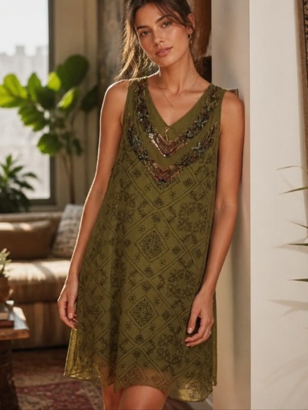 Free People Olive Green Sleeveless V-Neck Embellished Shift Dress